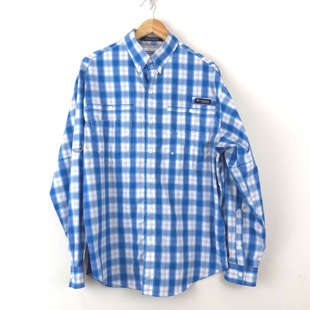 Gorpcore Columbia PFG Super Tamiami Shirt Medium Blue Plaid Long Sleeve Fishing